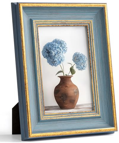 Afuly 10x15 Bilderrahmen Vintage Blau Gold Bilderrahmen Retro Antike Shabby Fotorahmen Deko für Wand Tisch Family Freund Hochzeit Geburtstag Geschenke Muttertage für Frauen Mama Oma
