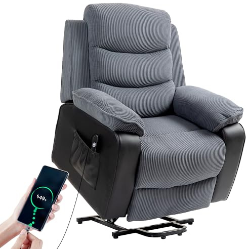 HOMCOM Riser Recliner Chair for Elderly, Corduroy Electric Power Lift Chair with Patchwork Design, Wide Seat, High Back, USB Port, 2 Side Pockets, Remote, Lift Armchair for Living Room, Dark Grey