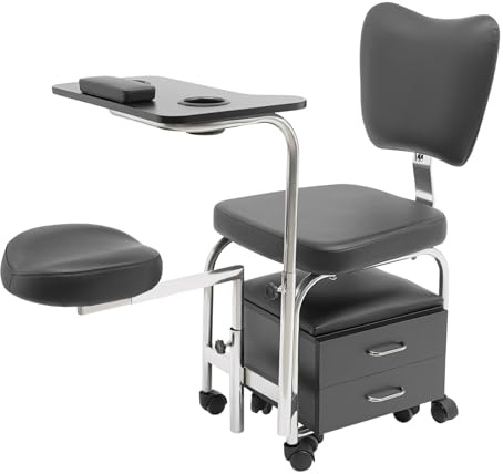 Hadwigger Taburete giratorio de manicura, reposapiés ajustable y soporte para manos, silla de pedicura móvil con ruedas, cómodo respaldo de esponja, taburete de masaje para spa de belleza