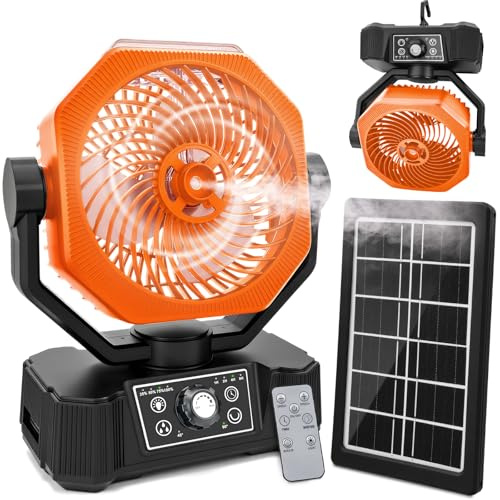 AKOFIC Solar campingfläkt med fjärrkontroll och nebulisering, 12 000 mAh USB uppladdningsbar fläkt utomhus kraftfull med LED-ljus och krok, kontinuerlig hastighet för hem resor
