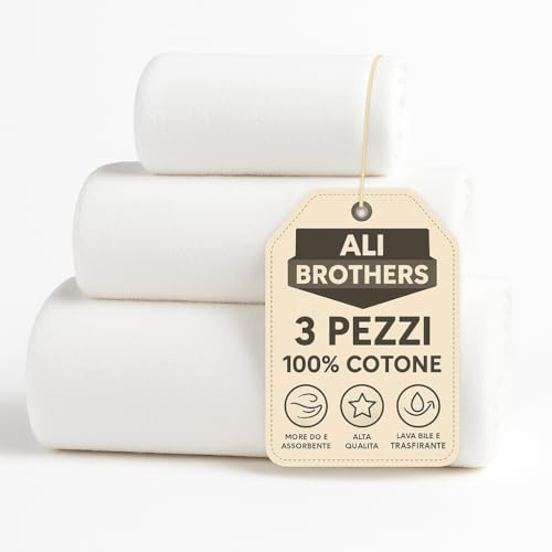 Ali Brothers Set 3 Asciugamani in Spugna 100% Cotone Bianco – Morbidi e Assorbenti – 38x50, 50x90, 70x140 – Per Casa, Hotel, B&B, Spa – Alta Qualità, Lavabili e Traspiranti