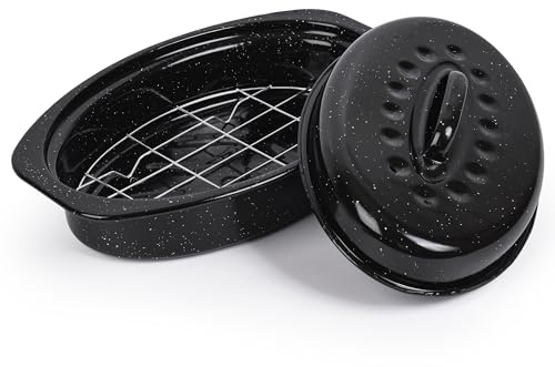 13” Roaster Pan with Lid and Rack, Small Enamel Roaster Pan with Oval Roasting Rack, Granite Baking Pot for Chicken Turkey Lamb, Heat Resistant, Oven/Dishwasher/All Stovestops Compatible