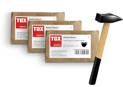 Clavos para imágenes TOX Home Classic en 3 tamaños + martillo de cerrajero de 300 g, clavos de acero endurecido con cabeza de latón, 2,0 x 20/25/30 mm (20 unidades cada uno), 063909001