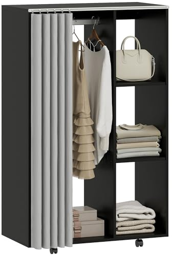 HOMCOM Armoire penderie Meuble de Rangement Mobile 4 roulettes avec Tringle à vêtements et étagères Ouvertes, penderie vêtement Dressing Roulant pour Chambre à Coucher, 80x40x128cm, Noir
