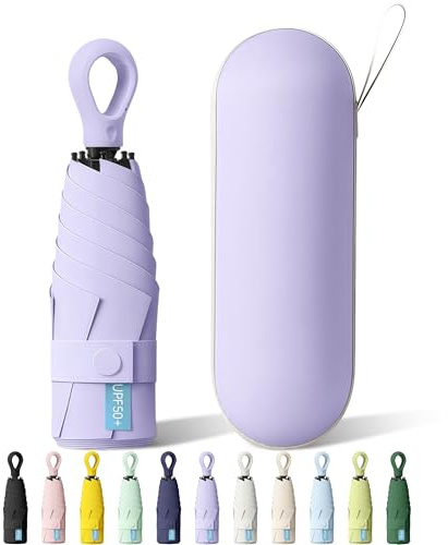 FWHFNB Mini Ombrello Tascabile, Ombrello Piccolo, Pieghevole Ombrello da Viaggio, Con Manico ad Anello e Borsa Portaoggetti, UPF 50+, Pioggia UV Protezione Sole, per Donne Uomini (Viola)