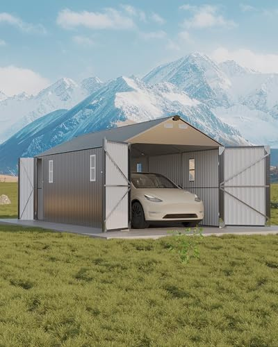 GarveeLife 10x20 ft Metal Carport, Enclosed Car Port with Vertical Steel Roof for All-Weather Use, Metal Garage Shed with Man Door for Sedans & SUV, Gray