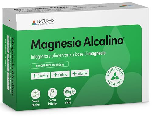 NATURVIS MAGNESIO ALCALINO, Integratore Magnesio Citrato, 60 compresse, Made in Italy, 100% Naturale; riduce la stanchezza, migliora sonno e concentrazione, supporta il sistema nervoso e muscolare