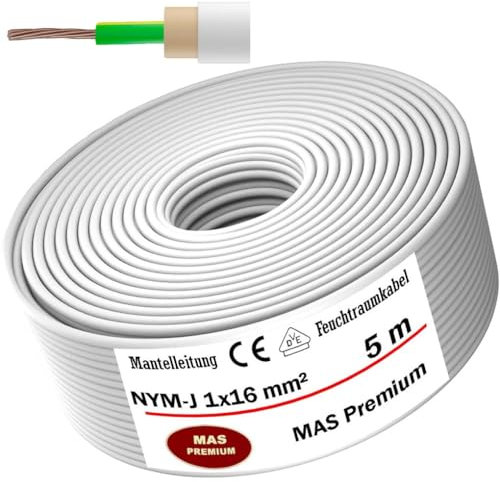 Cable de alimentación para ambientes húmedos de 5 a 100 m, NYM-J 1 x 16 mm², anillo de cable eléctrico para instalación fija (5 m)