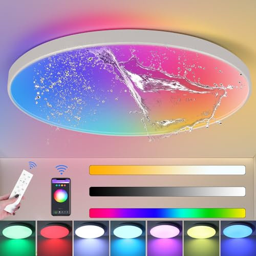 CHENBEN RGB LED Ceiling Light,24W 12-inch Round Bedroom Bedroom Ceiling Light with Remote Control,IP44 Waterproof Bathroom Lights Dimmable 3000-6500K Colour Changing LED Lights(Bluetooth Connection)