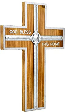 Väggkors retro katolskt trä hängande kors dopkors med metallkors andligt religiöst kors med krok silverkant välsignad bokstavsdesign jul krucifix present till kyrka hem väggdekor
