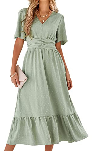 BebreezChic Vestido de verano largo para mujer, estilo bohemio, elegante, manga corta, cuello en V, cintura alta, con lunares suizos, con flores, vestido de playa