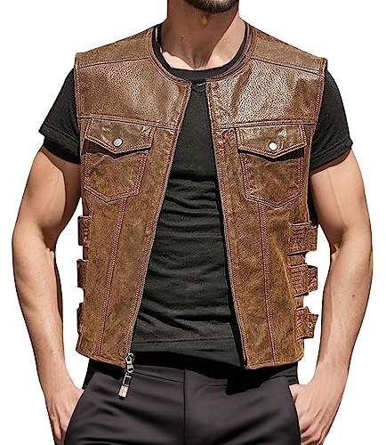 Duohropke - Chaleco de hombre, de piel, para motociclistas, con cordones, para equipo de moto, punk, de piel sintética, marrón, XXL