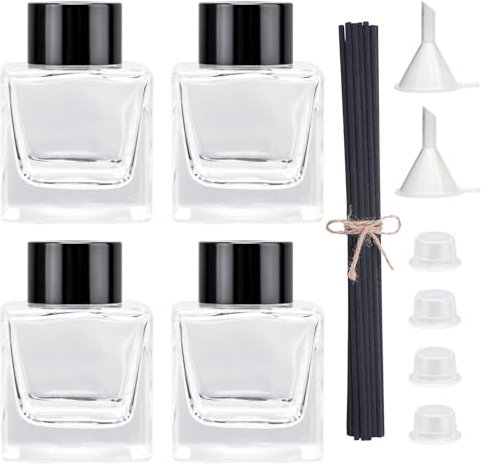 Agidea 4PCS Refillable Fragrance Glass Diffuser Bottles with 20pcs Reeds Sticks & Black Caps & Funnel, Diffuser Jars for Home Oil Fragrance Decoration Girl Women Gift (50ML)