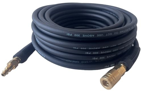 Air Hose 1/4 in x 25 ft, Heavy Duty, Lightweight, Kink Resistant, Hybrid Air Compressor Hose with 1/4 in Solid Brass Male Fittings, Bend Restrictors, 300 PSI (25FT, Black)