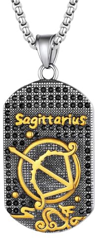 JewelryWe Stjärntecken kedja för män identitetsbricka: Skytten rostfritt stål 12 stjärnbilder, stjärntecken, horoskop, hundbricka, hänge med gravyr, konstellation, halsband för män, guld, silver
