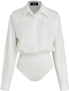CIDER Collar Solid Button Long Sleeve Blouse Bodysuit: White, L