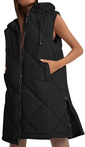 Imily Bela - Chaleco de mujer con capucha, acolchado, largo, sin mangas, chaqueta de transición, chaleco largo, Negro , L