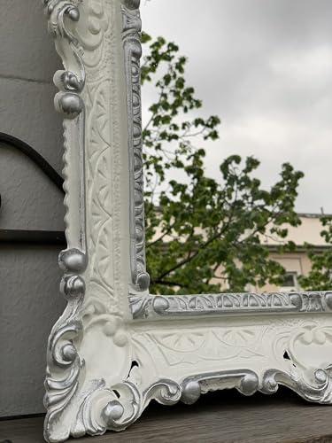 Pintici Bildram med skyddsglas barockhängande ram barockram 57 x 47 cm shabby, ungdomsstil, antik spegelram (vit-silver)