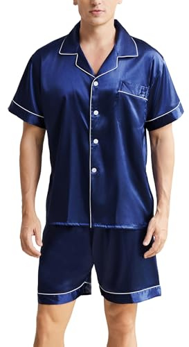 Heersan Ensembles de Pyjama Homme en Satin de Soie avec Chemise à Manches Courtes et Short Classique boutonné, Confortable Doux Deux Pièces Vêtements de Nuit