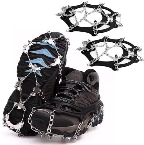 Crampons, Crampons Neige, Crampons Randonnée, avec 19 Dents en Acier Inoxydable, et Facile à Enfiler, pour Chaussures et Bottes, pour Alpinisme, Marche, Escalade sur Neige et Glace, et la Pêche (L)