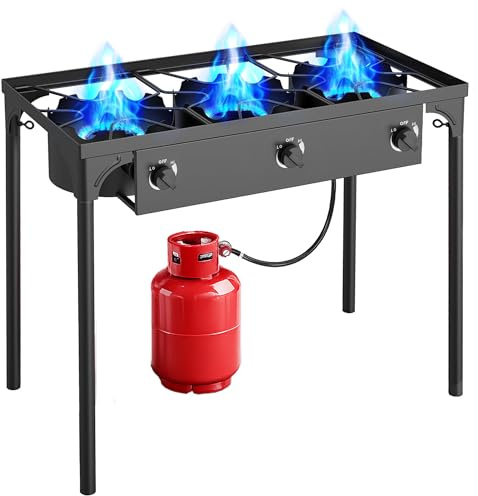 3 Burner Propane Camping Stove|225,000 BTU High-Pressure Gas Stove with Regulator|Portable for Backyard, Patio BBQ, Outdoor Cooking|parrillas de gas para cocinar afuera