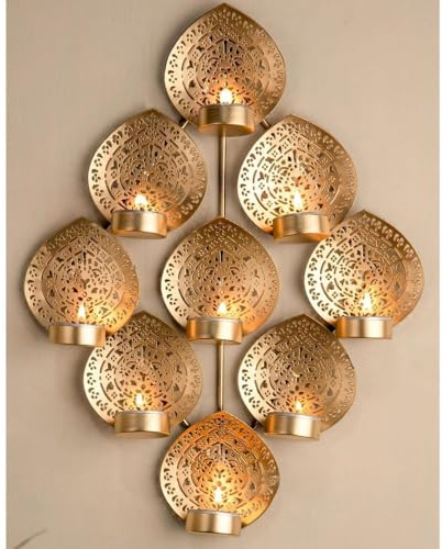 Metal Wall Decor Tea Light Holder, 9 Leaf Design, Gold, Wall Mounted Candle Arrangement