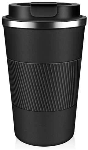 SHENGRUI Travel Mugs, Coffee to go Mug 380ml Insulated Coffee Cup with Leakproof Lid,Reusable Double Walled Coffee Mug,Stainless Steel Thermal Cup for Hot Cold Drinks (Black,380ml)