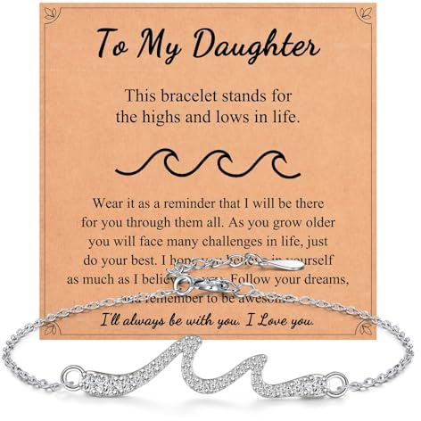 Shuxin Daughter Birthday Gifts from Mum, Wave Daughter Bracelet, Girls Birthday Presents, Silver Cubic Zirconia Tennis Bracelet, Christmas Gifts for Teenage Girls, Xmas Stocking Fillers