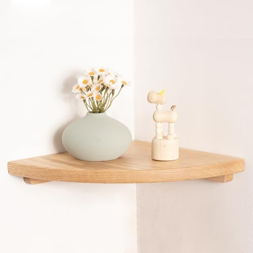 VERSAWOOD Floating Corner Shelves Oak 10, Solid Oak Wall Mounted Wooden Display Storage Rack with Wire Hole for Plants, Photos, Speakers, Bedroom, Kitchen, Living Room Décor - 1-Pack