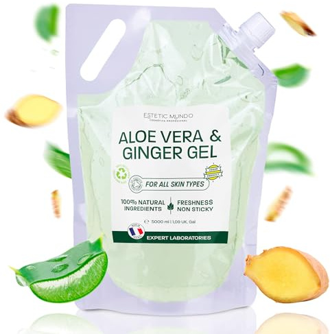 Gel de Aloe Vera & Jengibre – Hidratante y Reafirmante Natural – Con Aloe Fresco Ecológico de España – Uso Facial, Corporal y Capilar – Post-Solar, Piernas Cansadas, After Shave 5000 ml