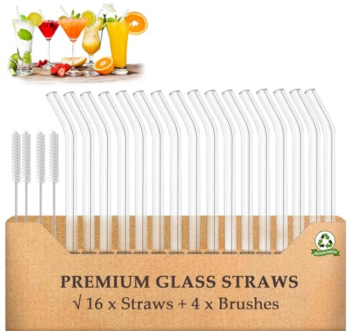 AOTWAN Glass Straws 20 Pack,Size 6''x8MM Glass Straws Drinking,Eco Friendly Including 16 Bent Straws with 4 Brushes,Reusable Straw for Cocktail,Juice