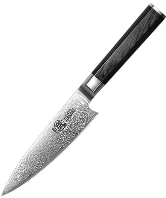 MITSUMOTO SAKARI Cuchillo Pelar Profesional, 14cm Cuchillos Japoneses Negro | Cuchillo para Fruta de Acero en Polvo VG con Damasco, Cuchillos Cocina de Espiga Completa, Mango G10, Estuche de Sándalo
