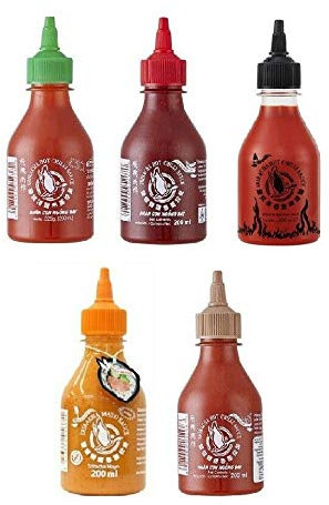 Pamai Pai® Fünferpack Sriracha Hot Chili Sauce Set 5 x 200ml Chilli Soße rot grün braun schwarz orange