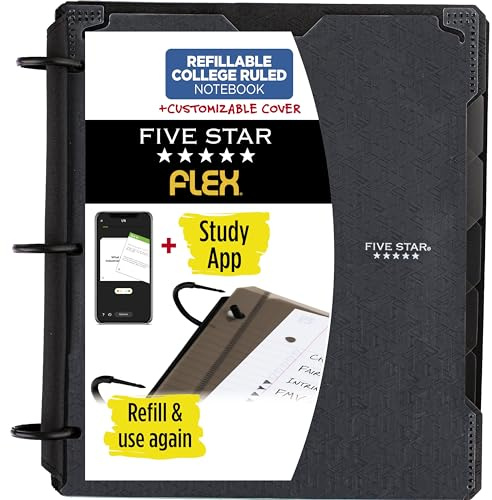 Five Star Flex - Cuaderno recargable + aplicación de estudio, papel rayado universitario, anillos TechLock de 1 pulgada, bolsillos, pestañas y divisores, capacidad para 200 hojas, cubierta