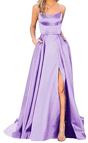 Robe de bal longue élégante en satin, dos nu et bretelles spaghetti, avec fente latérale pour mariage - Robe soirée avec poches, grande taille, violet, M