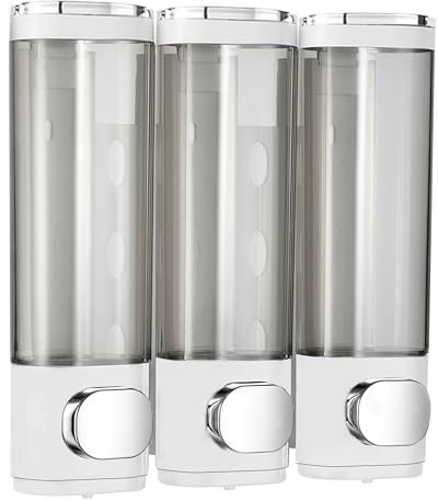 Ribech Soap Dispenser, 3 Chamber 300mL Shampoo and Conditioner Dispenser Pump, Wall Mounted Storage Container for Bathroom, Kitchen, Hotel (White, Set of 3)