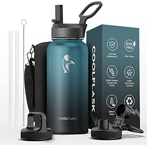 Coolflask Borraccia isolata da 1 l, in acciaio inox, con cannuccia e 3 coperchi, doppia borraccia sottovuoto a prova di perdite, per acqua fredda e calda, robusta e facile da pulire, colore nero