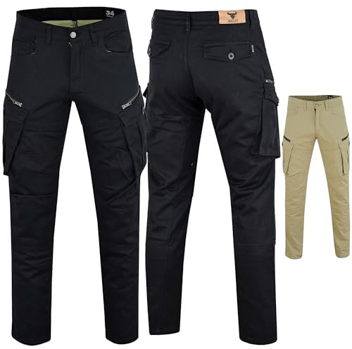 BULLDT Motorradhose Herrren - Motorradjeans 9-Pockets Hosen mit CE-Protektoren - Bikerjeans Futter aus Aramid-Kevlar-Stoff - Cargohose rutsch- & brandfeste Jeanshose Schwarz - 36W / 34L