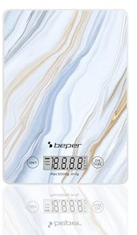 BEPER P102BIL001 Bilancia digitale, Piatto in vetro temperato, Bilancia da cucina con display LCD e tasti touch, Funzione tara, Portata massima 5kg, Spegnimento automatico, Fantasia marmo