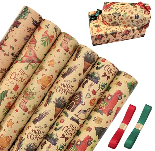 GmeDhc Presentpapper, 6 stycken kraft presentpapper födelsedag, 50 x 70 cm bröllopspresentpapper med 2 rullar bomullsrep och klistermärken, presentpapper vintage, kraftpapper för jul