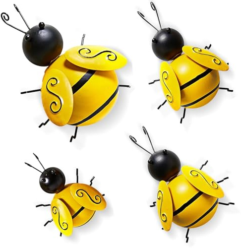 4 piezas Decoraciones de Abejas Metálicas, Decoración de Pared de Metal 3D, Adornos de Jardín de Abejorro, Arte de Pared de Abeja, Valla de Patio, Decoración de Césped de Jardín, Interior y Exterior