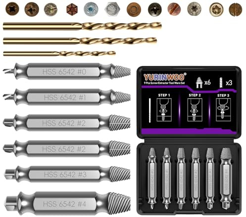 9PCS Damaged Screw Extractor Set, Hardness 63-65HRC, Upgraded Model HSS 6542, Removal Tool, Adult Gifts for Men, General Bit Set Double Ended for Damaged Broken Stripped Screws