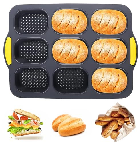 qhklew Antihaft Baguetteform Silikonformen, 9 Hohlräume Brötchenbackform, Brötchen Backblech Baguette Form Silikon für Backt French Bread, Breadstick, Brötchen, Brot, Schwarz