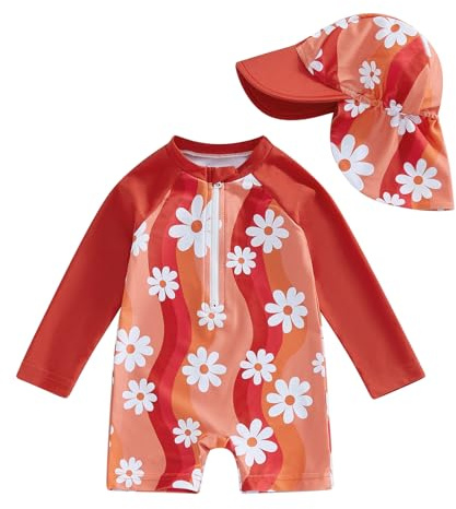 Toddler Baby Girl Swimsuit and Hat Zip Up Long Sleeve All in One Swimming Costume UV Sun Protection Swimwear One Piece Swimming Suit Rash Guard Sunsuit (Floral Striped Orange Red, 6-12 Months)