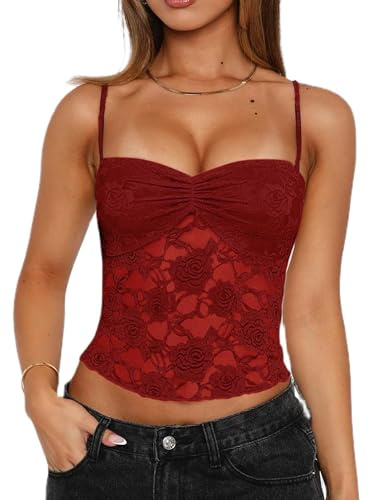 Springcmy Womens Y2k Lace Floral Cami Tank Tops Going Out Crop Ruched Spaghetti Strap Mesh Slim Camisole Summer Tops Streetwear (A Red, S)