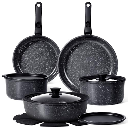 GiPP Set de Poêles et Casseroles Avec Revêtement Antiadhésif,15PCS Batteries de Cuisine Avec Poignées Détachables, Sans Toxiques,Empilable,Compatible Induction/Four/Lave-vaisselle(Noir,15PCS PLUS)