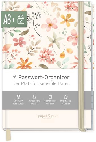 paper&you® Livre de mots de passe A6+ avec registre A-Z Wild Blossoms pour 320 données d'accès, gestionnaire de mots de passe petit, livre de mots de passe français - durable & respectueux au climat