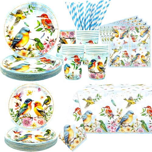 Suministros de fiesta de pájaros, incluye platos, servilletas, mantel, tazas y popotes, para decoración de fiesta de té de verano con temática de pájaros, baby shower, té de verano