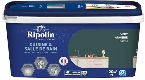 RIPOLIN - Peinture Intérieure Cuisine et Bain – Murs, Boiseries & Radiateurs - Adapté Pièces Humides - Effet Perlant - Lessivable - Haute Résistance - Vert Armerie - Satin - 2L