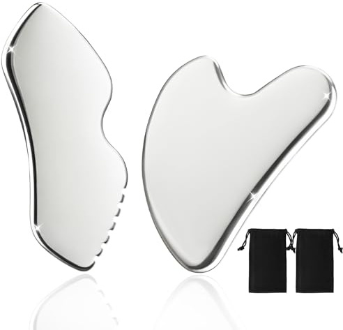 BUTBU 2-pack Gua Sha ansiktsverktyg i rostfritt stål, lymfdränage massageskrapa, gua sha skrapa med förvaringsväska, för ansikte, ögon, nacke, kropp